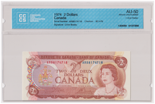 CCCS Graded AU 50 1974 Canada 2 Dollars Banknote 4 Digit Radar