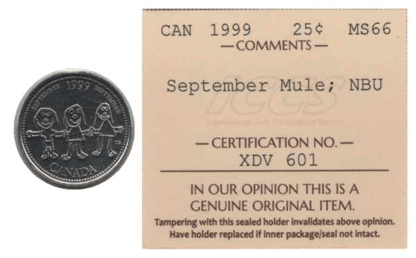 Canada September Mule 25 Cents ICCS MS66 NBU (Ch#RC-630 Schön#331 KM#350)
