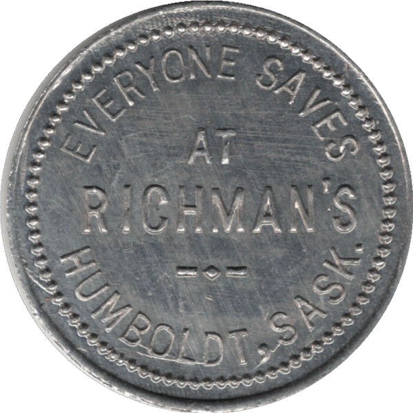 'ND 1938 ''Everyone Saves at Richman''s'' Humboldt Sask. 25c Token Mintage:100 #2265F'