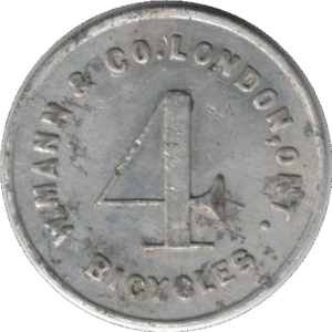 'C. 1910 ''W. Mann & Co. London ONT. 4 Bicycles'' Merchant Token'