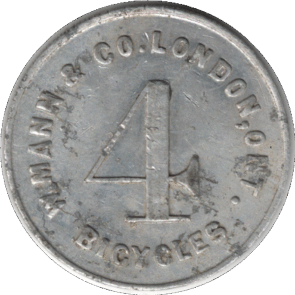 'C. 1910 ''W. Mann & Co. London ONT. 4 Bicycles'' Merchant Token'