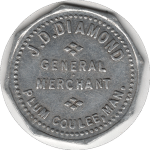 C.1910s J.D. Diamond General Merchant Plum Coulee MAN. 10 Cent Token. Scarce.