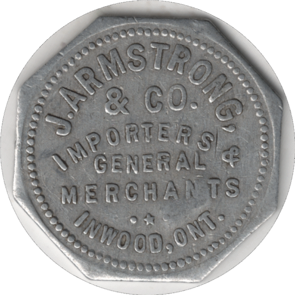 'C.1910s J. Armstrong & Co. Importer & Gen''l Merchant Inwood ONT. 25C Token C/S ''I.B.B'''