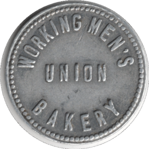 '1930 Workingmen''s Union Bakery Winnipeg MAN. ''2 Loaves'' Small Aluminum Token'