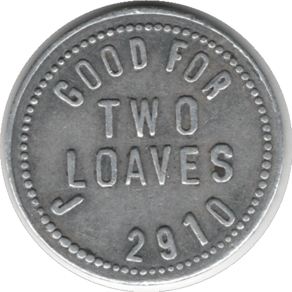 '1930 Workingmen''s Union Bakery Winnipeg MAN. ''2 Loaves'' Small Aluminum Token'