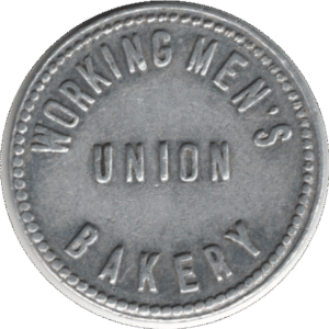'1930 Workingmen''s Union Bakery Winnipeg MAN. ''2 Loaves'' Small Aluminum Token'
