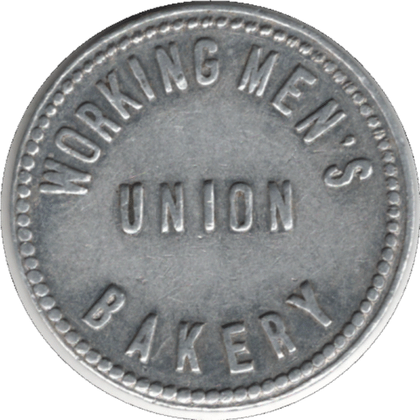 '1930 Workingmen''s Union Bakery Winnipeg MAN. ''2 Loaves'' Small Aluminum Token'