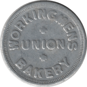 '1930 Workingmen''s Union Bakery Winnipeg MAN. ''2 Loaves'' Medium Aluminum Token'