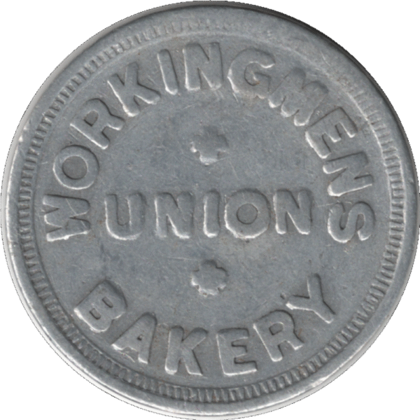 '1930 Workingmen''s Union Bakery Winnipeg MAN. ''2 Loaves'' Medium Aluminum Token'