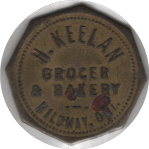 C.1920 H. Keelan Grocer & Baker Mildmay ONT. Brass width=
