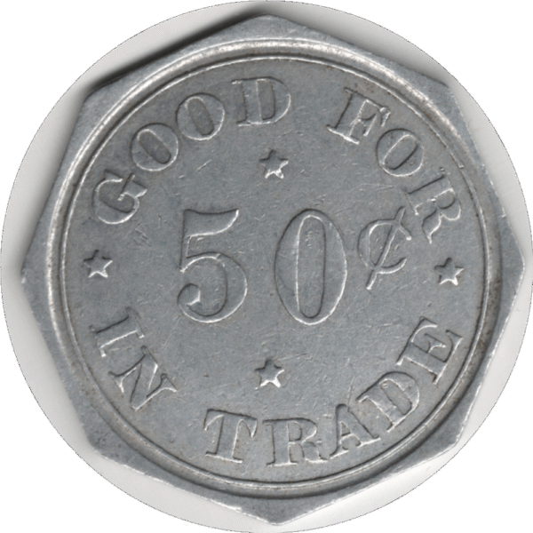 '1923 Bruser''s General Store Humboldt Sask. 50 Cent Token 2nd Issue. #2251e'