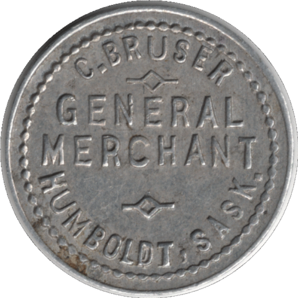 1910 C. Bruser General Merchant Humboldt Sask. 5 Cent Token #2250h